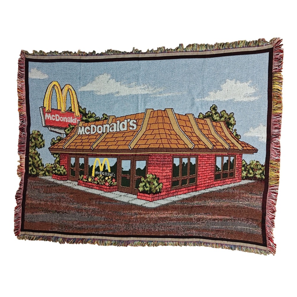Vintage McDonalds Woven Tapestry Blanket Blue Red Vintage Retro Restaurant USA